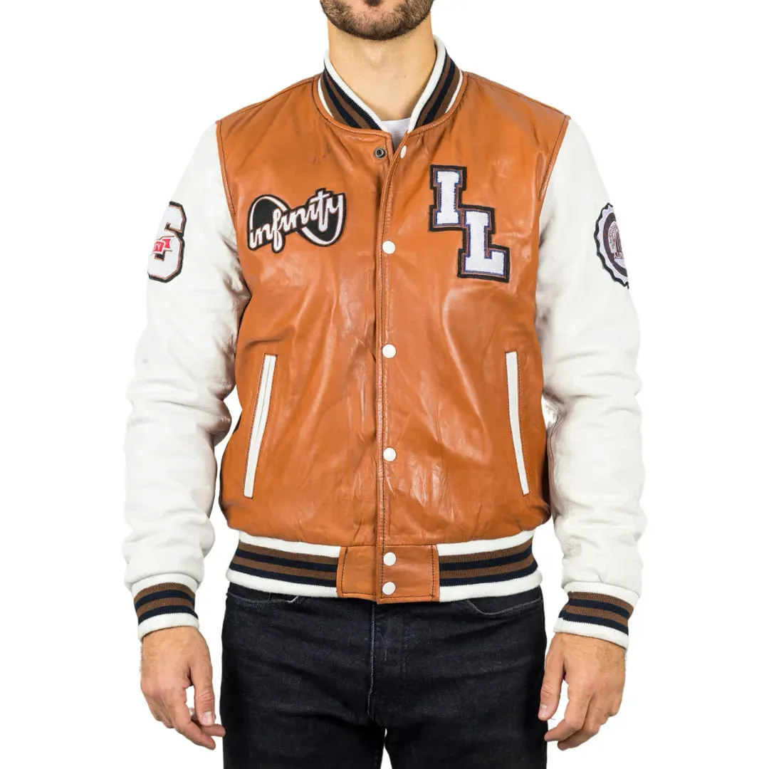 Men's Tan Brown Leather Letterman Bomber Jacket