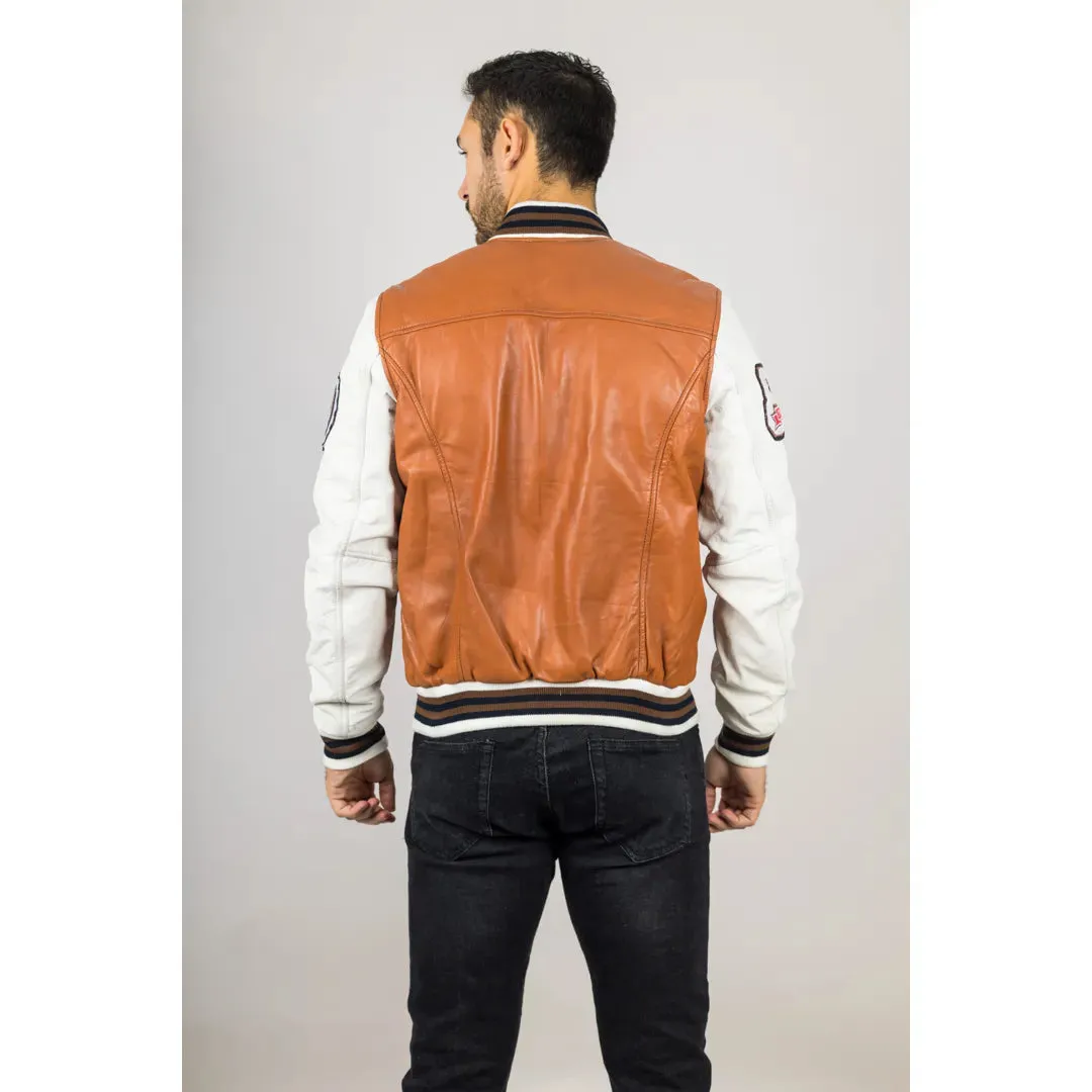 Men's Tan Brown Leather Letterman Bomber Jacket