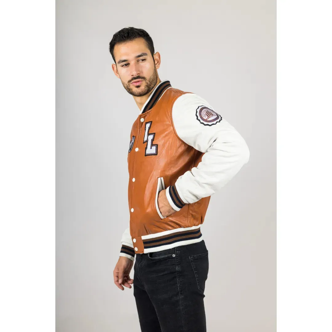 Men's Tan Brown Leather Letterman Bomber Jacket