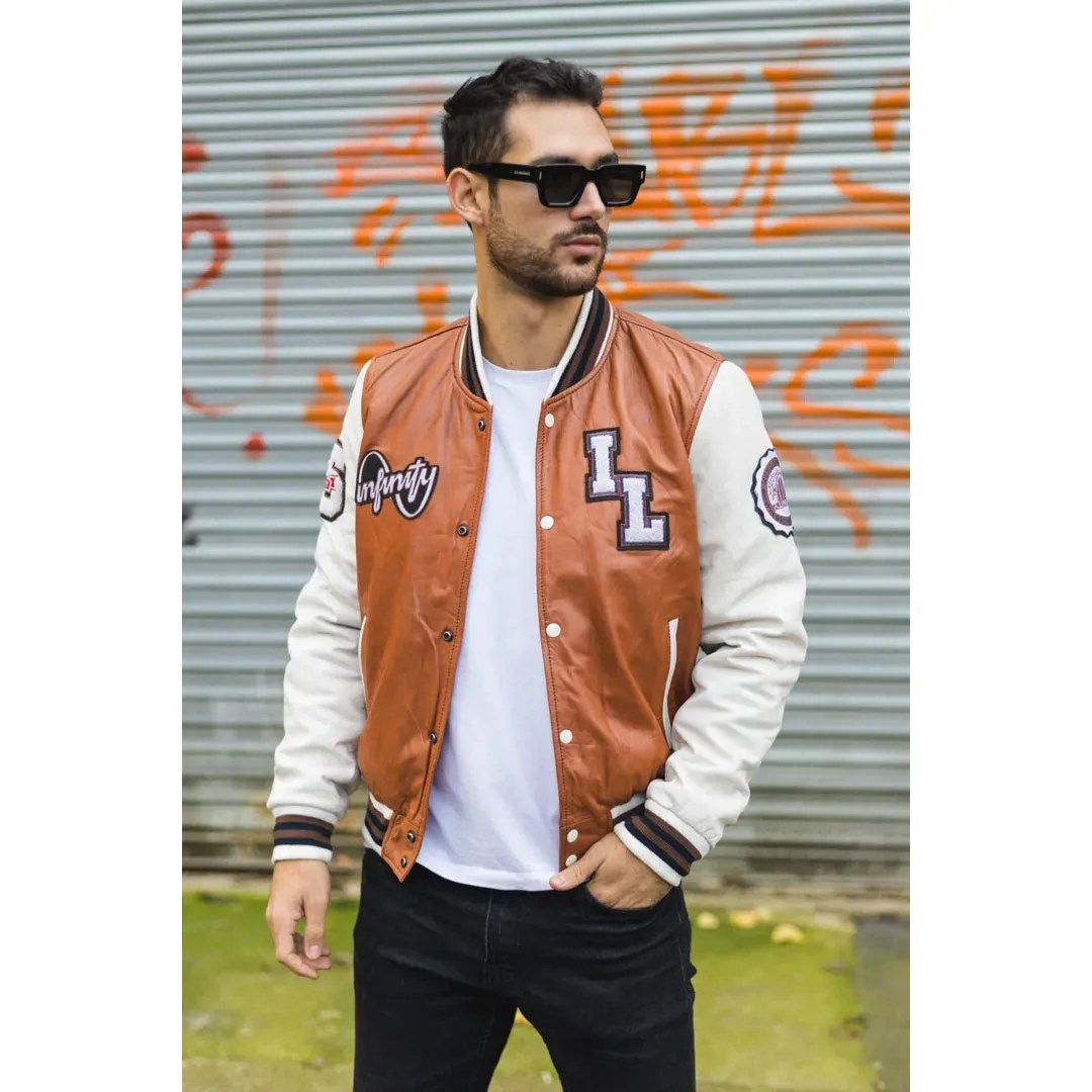 Men's Tan Brown Leather Letterman Bomber Jacket