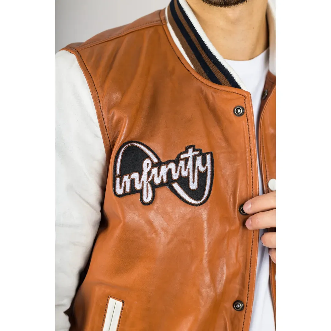 Men's Tan Brown Leather Letterman Bomber Jacket