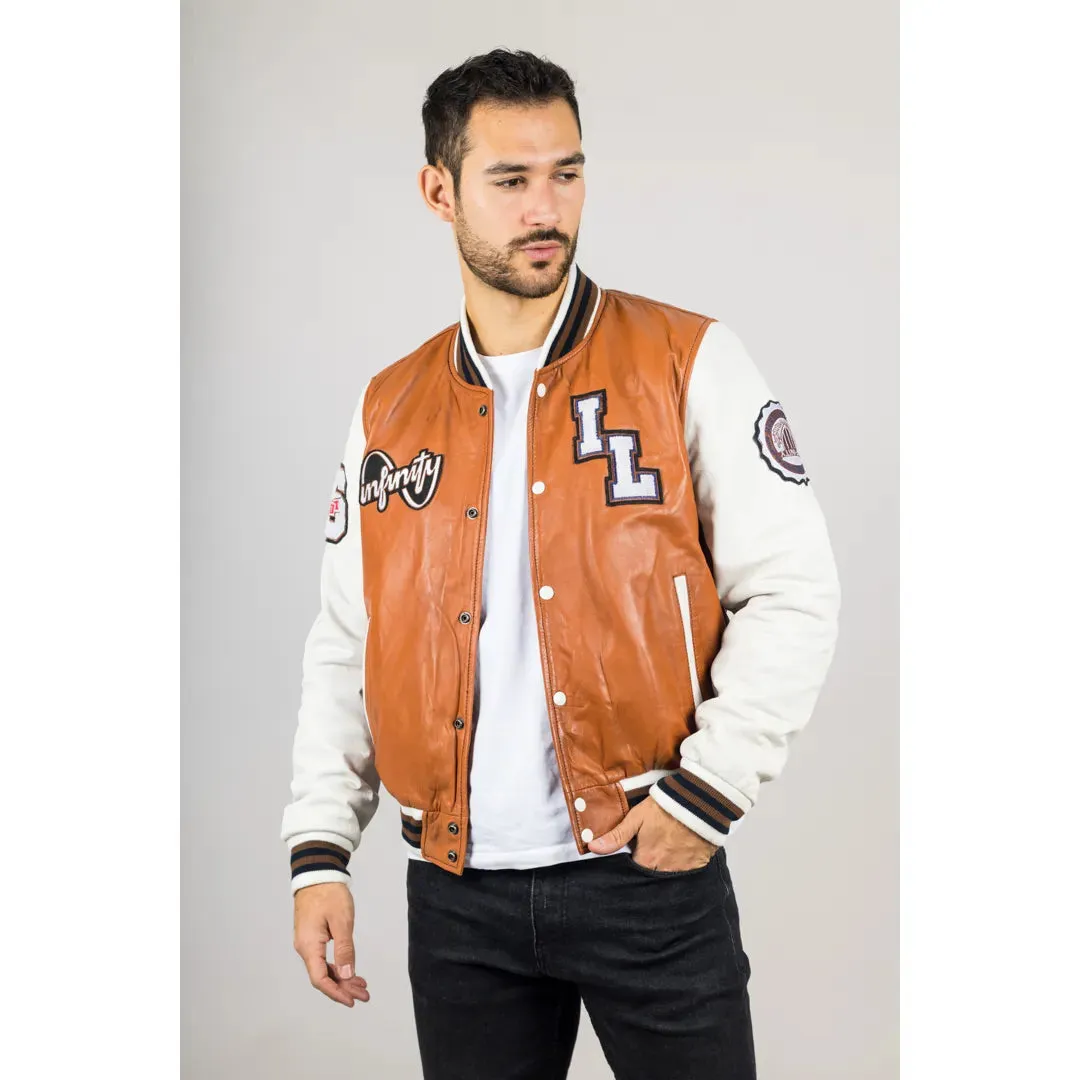 Men's Tan Brown Leather Letterman Bomber Jacket