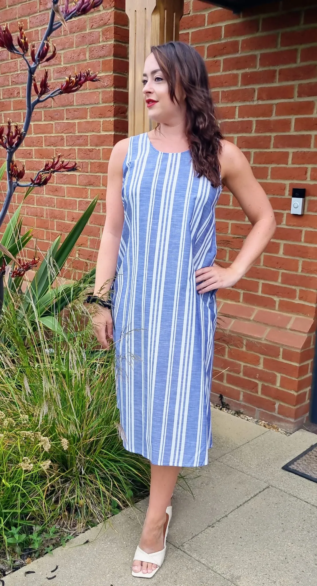 Miami Linen Midi Relaxed Fit Summer Shift Dress in White and Blue Stripe