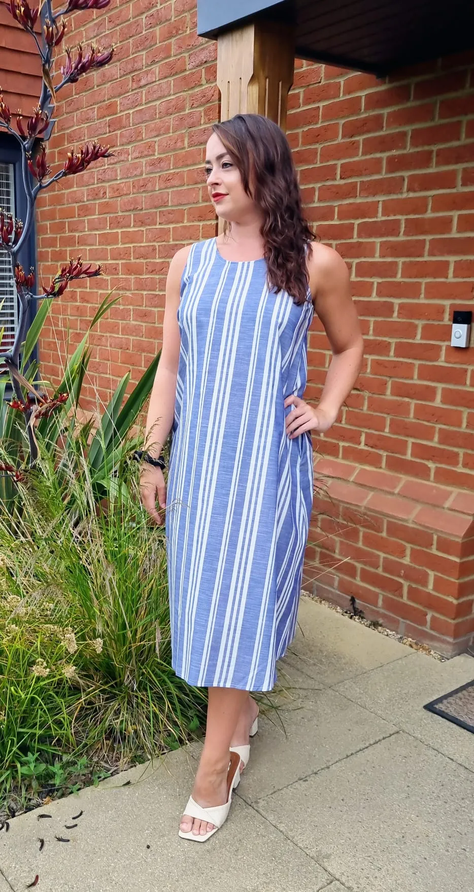 Miami Linen Midi Relaxed Fit Summer Shift Dress in White and Blue Stripe