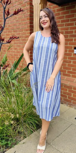 Miami Linen Midi Relaxed Fit Summer Shift Dress in White and Blue Stripe