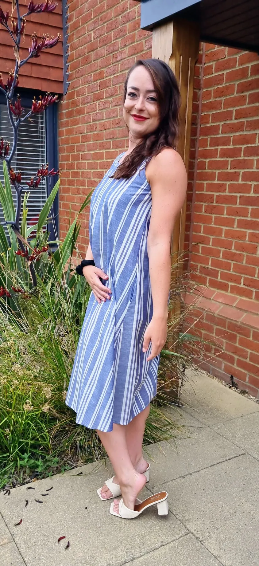 Miami Linen Midi Relaxed Fit Summer Shift Dress in White and Blue Stripe
