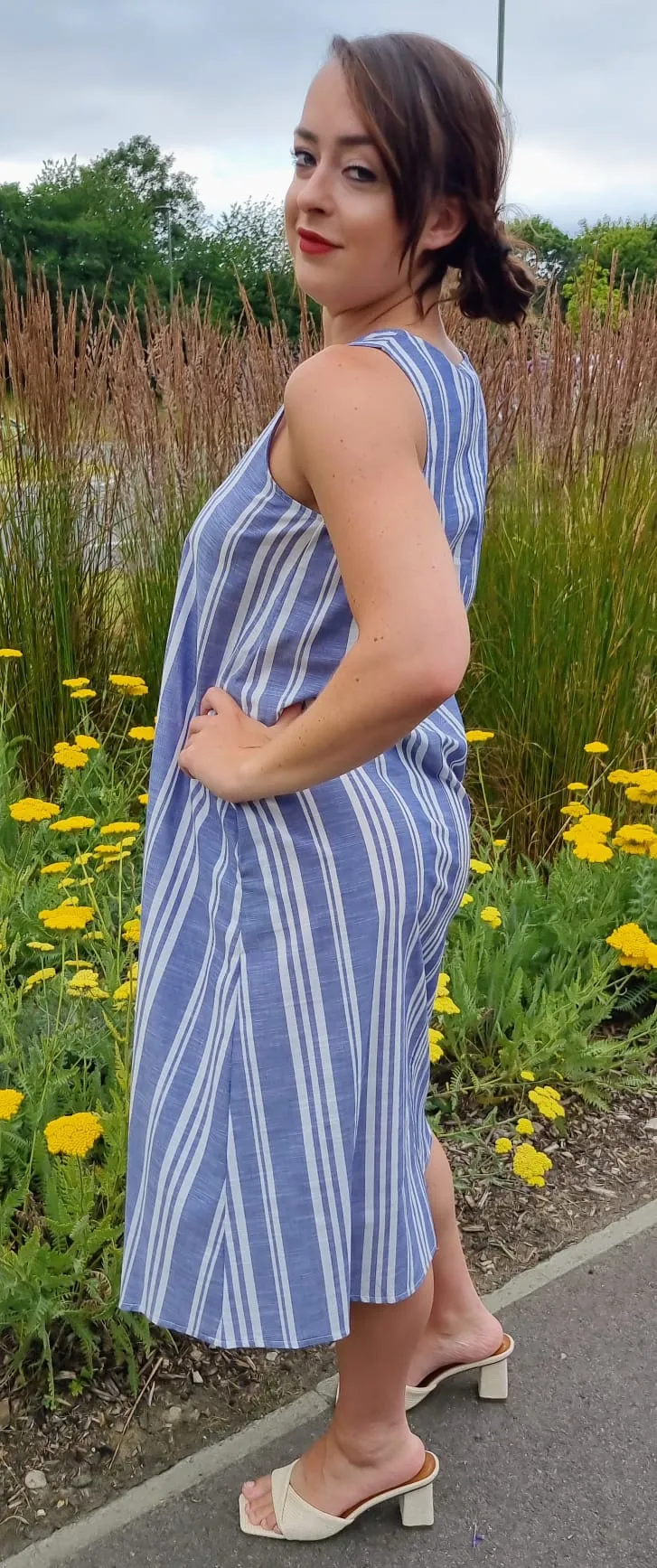 Miami Linen Midi Relaxed Fit Summer Shift Dress in White and Blue Stripe