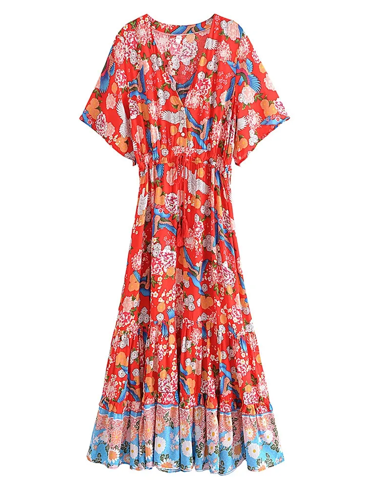 Midi Dress, Boho Dress, Sundress, Red Arabian Jasmine