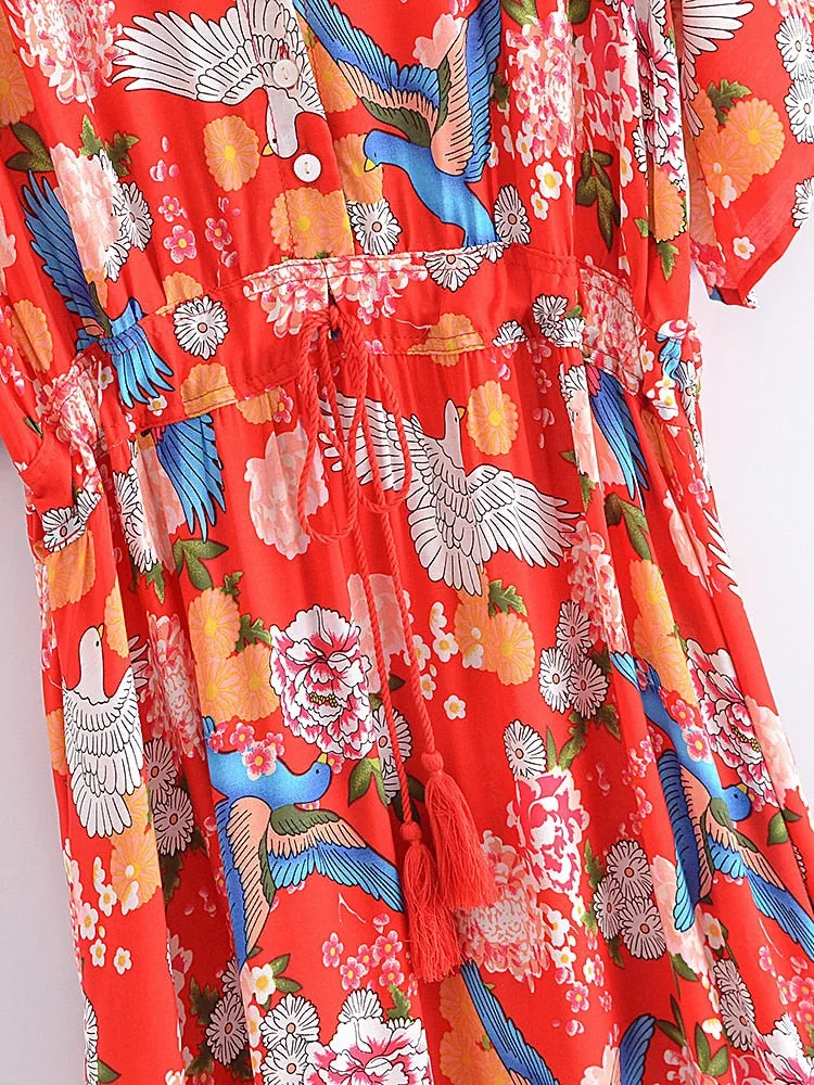 Midi Dress, Boho Dress, Sundress, Red Arabian Jasmine