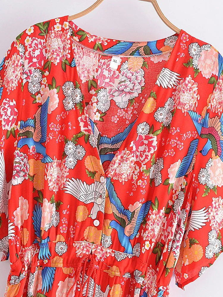 Midi Dress, Boho Dress, Sundress, Red Arabian Jasmine