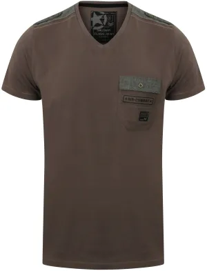 Millcham V Neck T-Shirt with Chambray Detail in Graphite Grey - Dissident