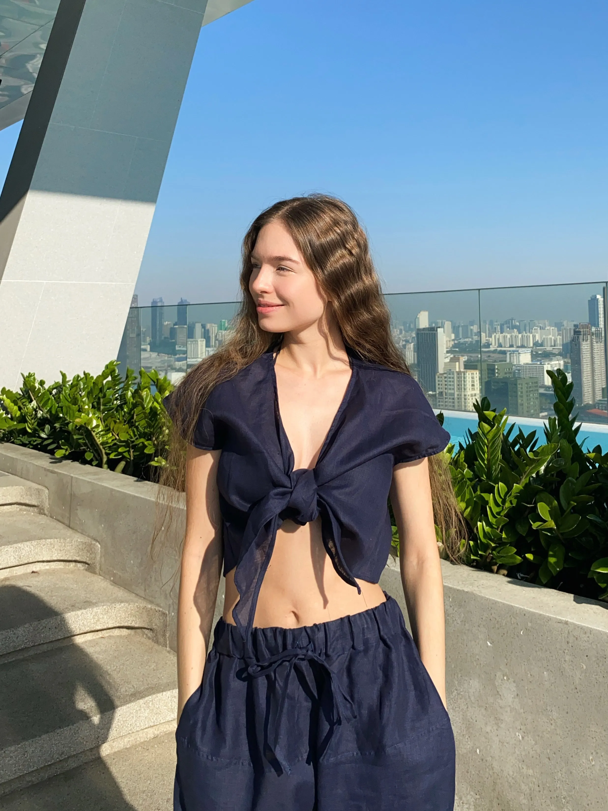 Norah Linen Harem Crop Top- Navy
