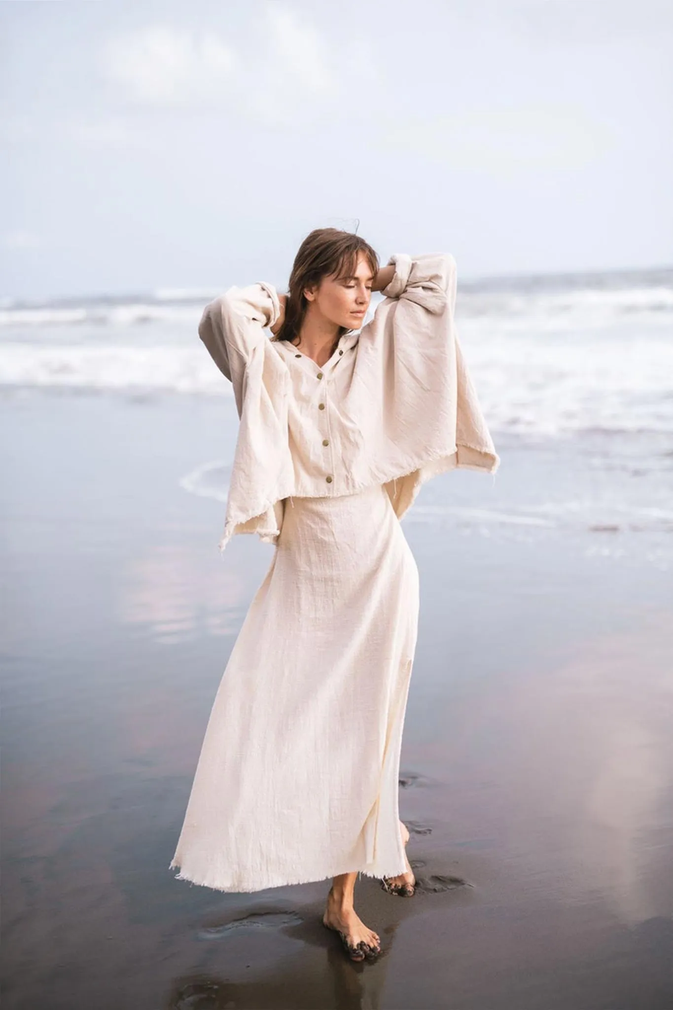 Off-White Cotton Warm Jacket with Hood Bohemian Style