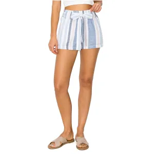 Paper Bag Waist with Self Tie Belt Linen Shorts - White Blue Pink