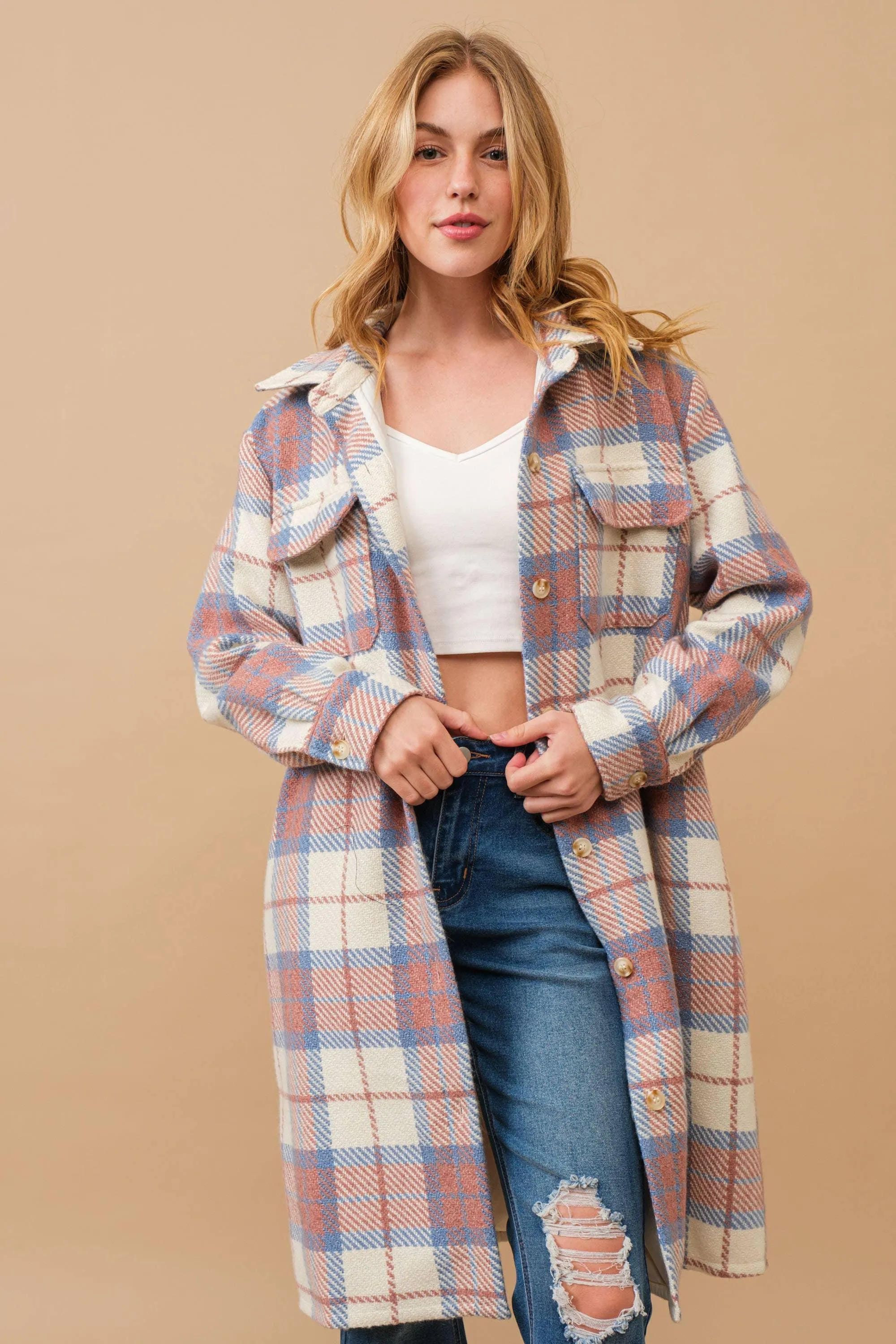 Pastel Plaid Button Up Long Jacket
