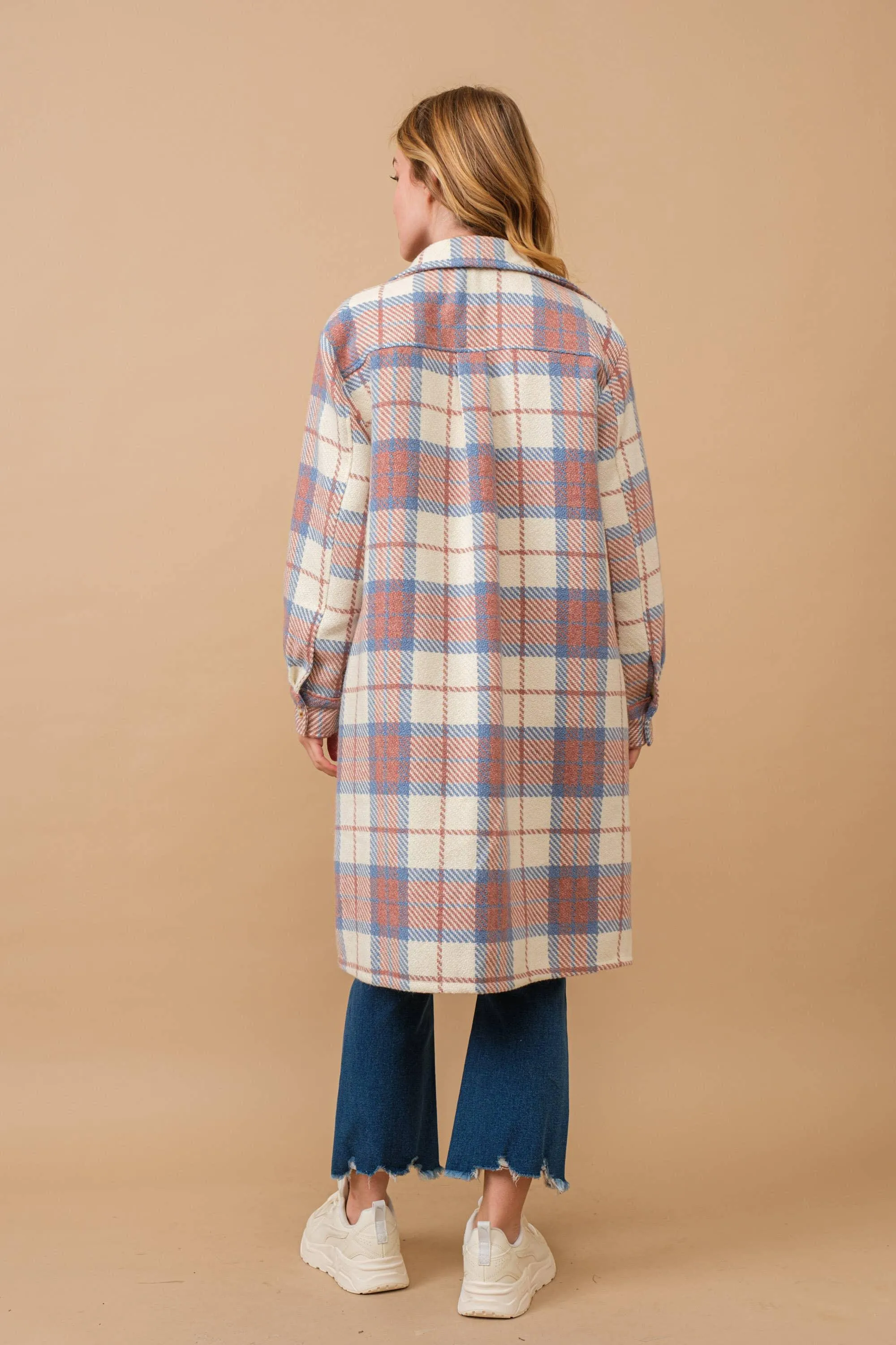 Pastel Plaid Button Up Long Jacket