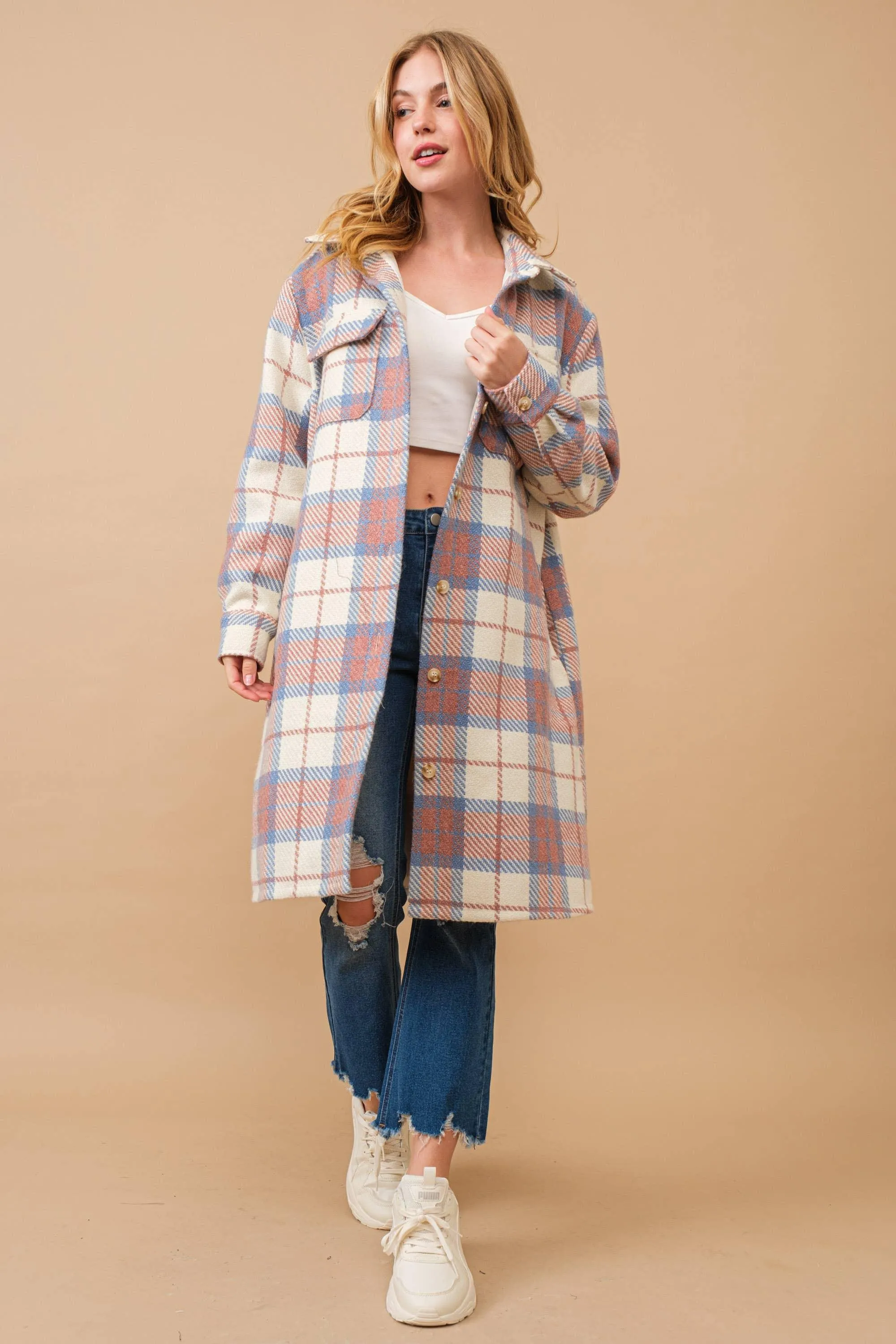 Pastel Plaid Button Up Long Jacket