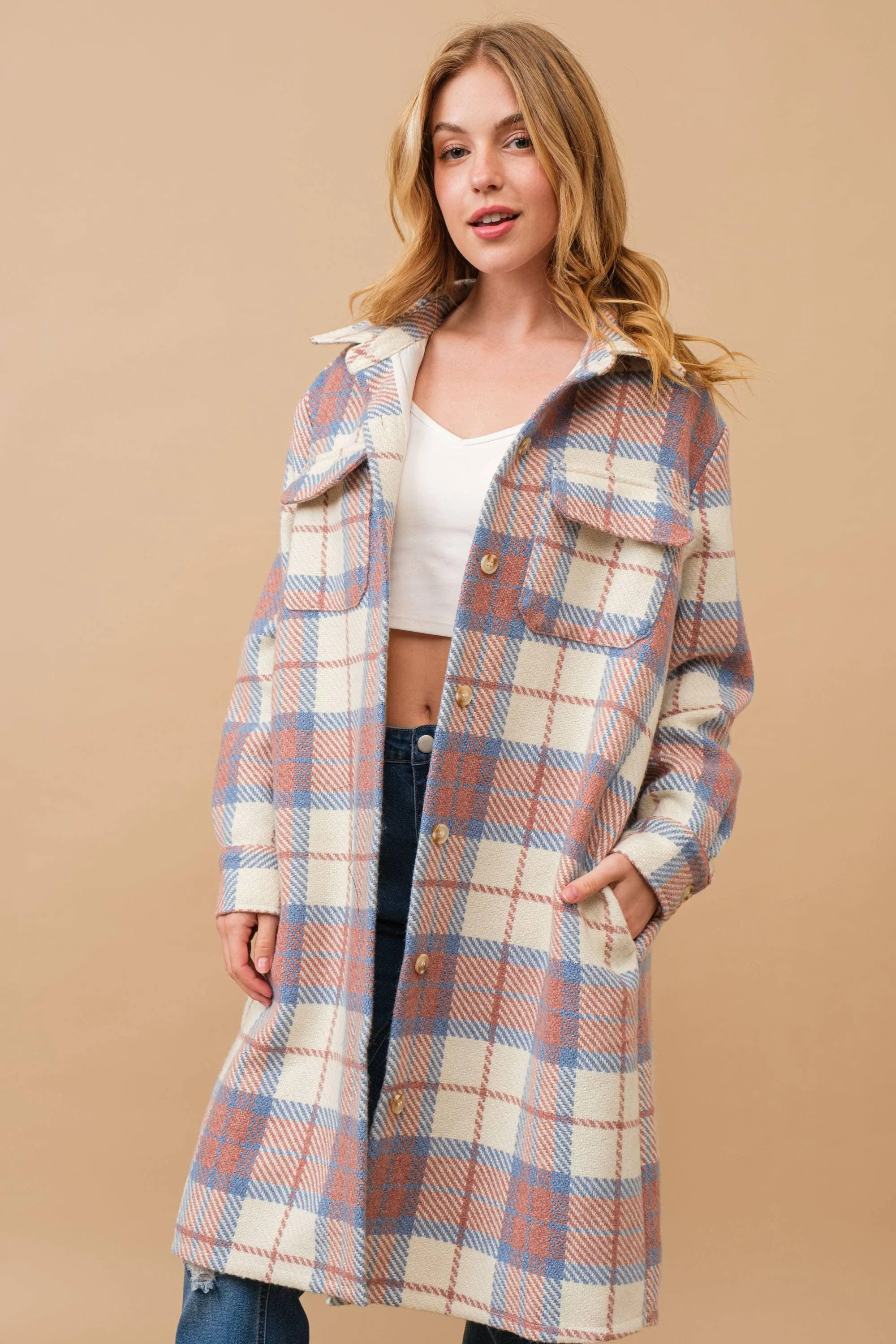 Pastel Plaid Button Up Long Jacket