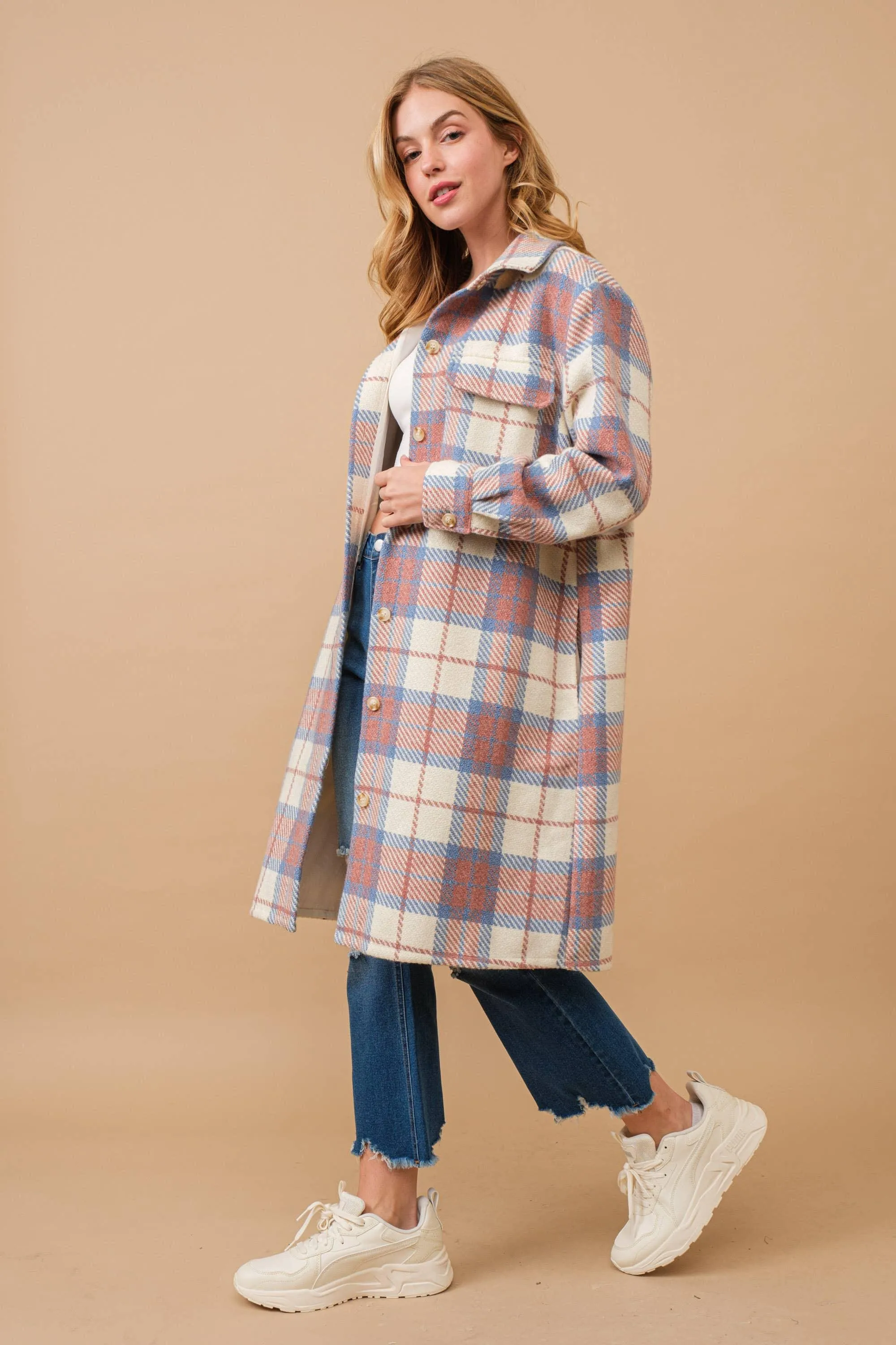 Pastel Plaid Button Up Long Jacket