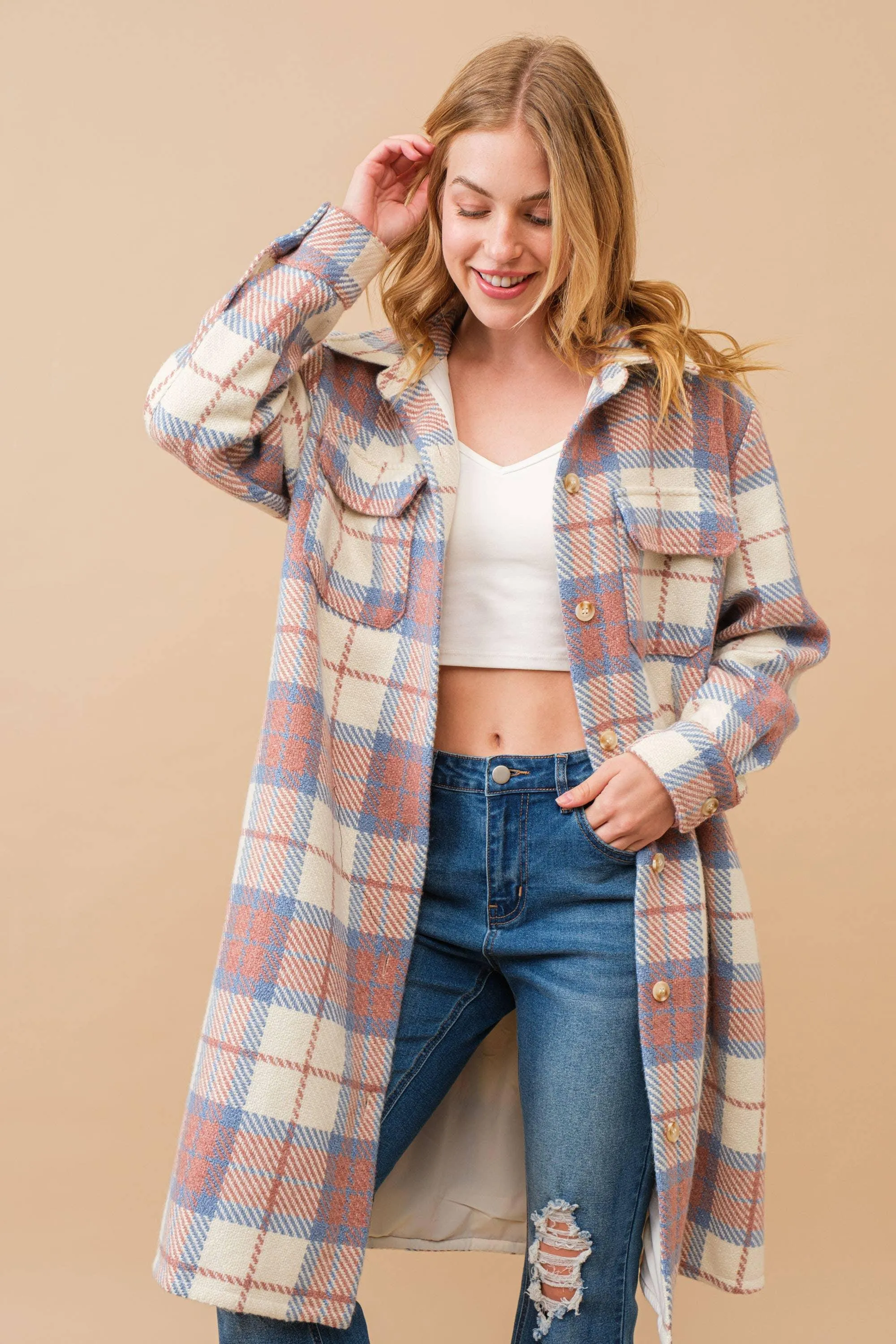 Pastel Plaid Button Up Long Jacket
