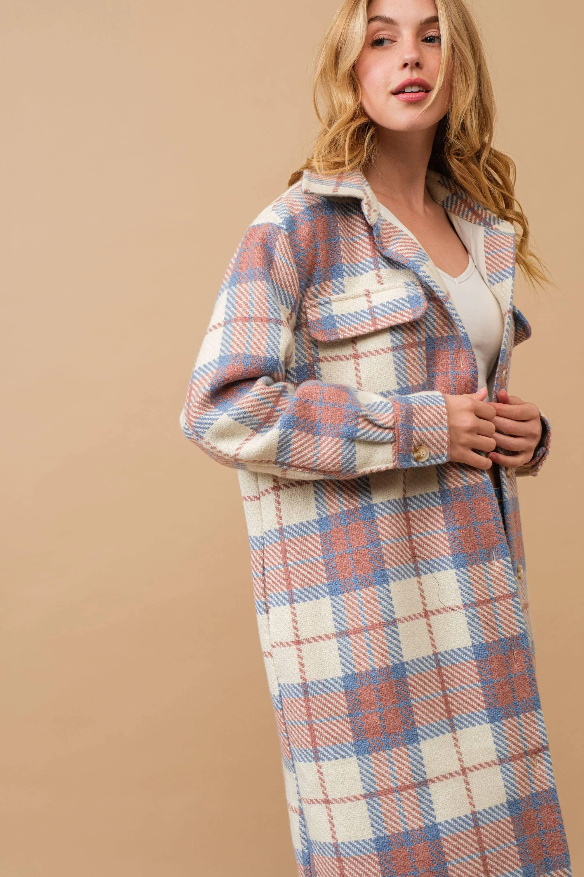 Pastel Plaid Button Up Long Jacket