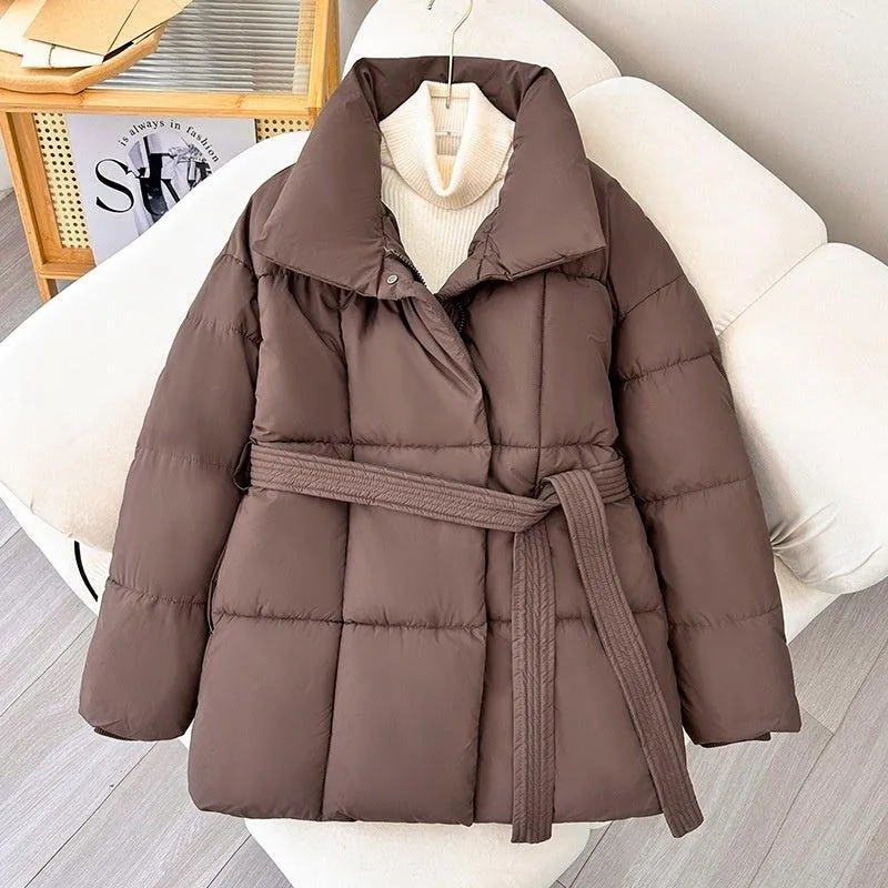 Plaid Lapel Coat with Belt – Thick Casual Jacket for Fall and Winter