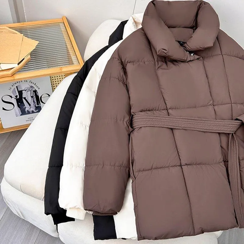 Plaid Lapel Coat with Belt – Thick Casual Jacket for Fall and Winter