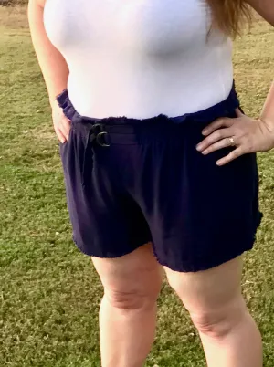 Plus-Size Navy Linen High Waist Shorts