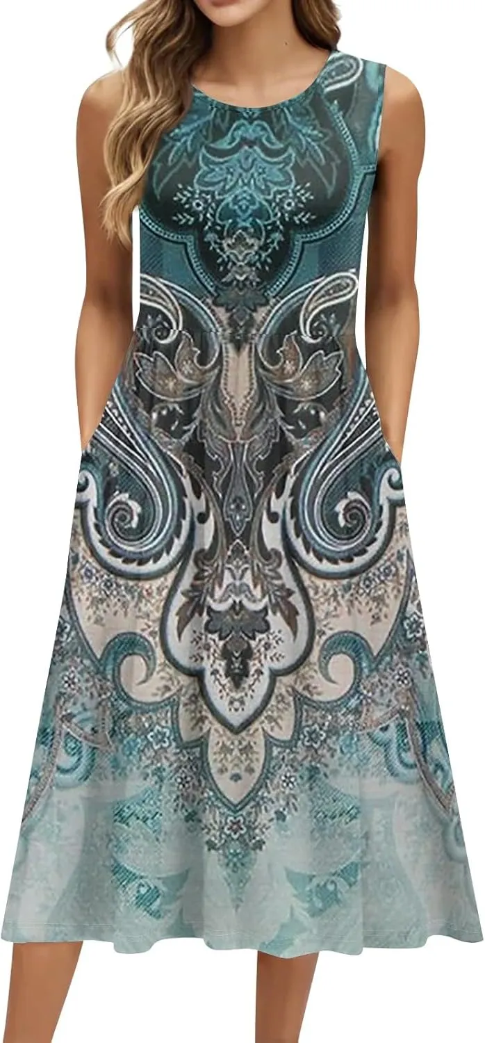 Plus Size Sleeveless Summer Dresses for Women 2025 Floral Midi Casual A-Line Beach Sundress Dress with Pockets