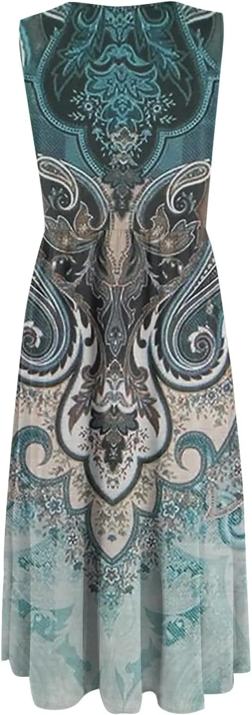 Plus Size Sleeveless Summer Dresses for Women 2025 Floral Midi Casual A-Line Beach Sundress Dress with Pockets