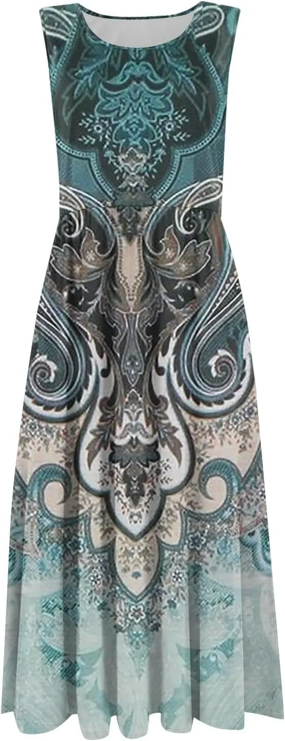 Plus Size Sleeveless Summer Dresses for Women 2025 Floral Midi Casual A-Line Beach Sundress Dress with Pockets