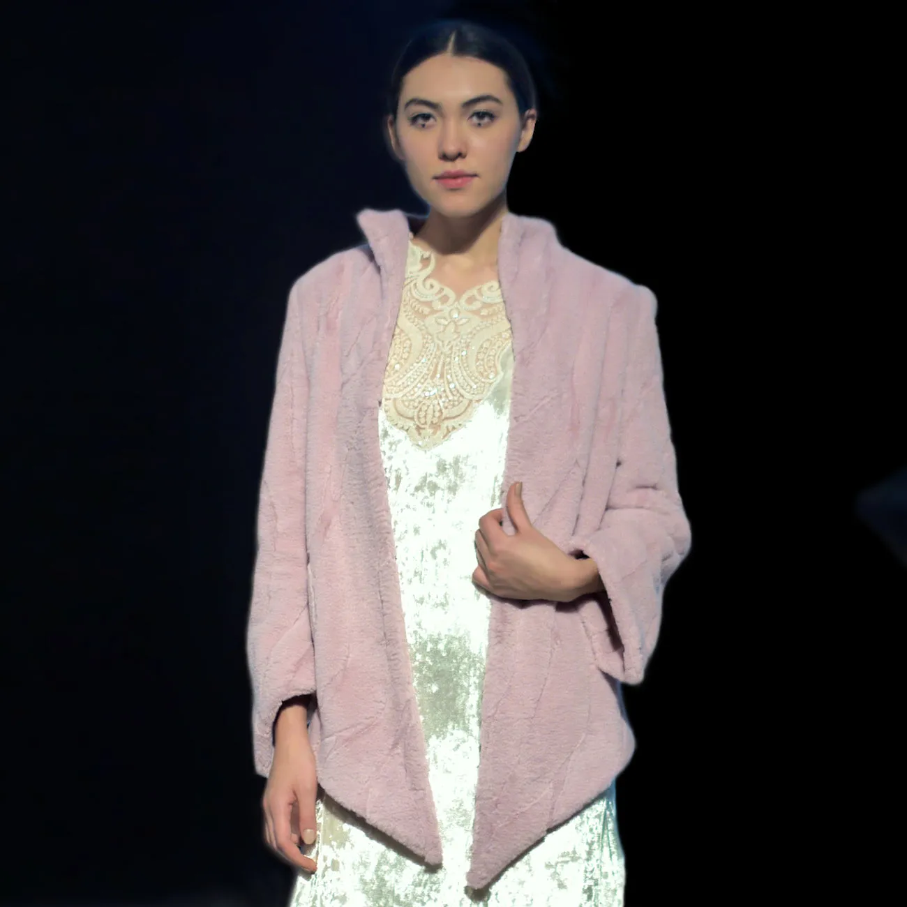 Pointy cozy faux-fur pink jacket