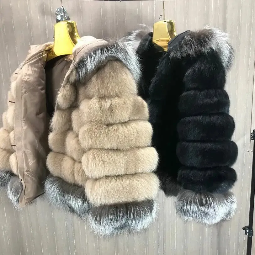 QURLMAE Reversible Natural Real Fox Fur Coat