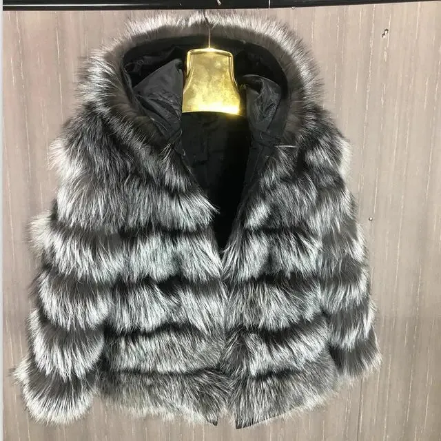 QURLMAE Reversible Natural Real Fox Fur Coat