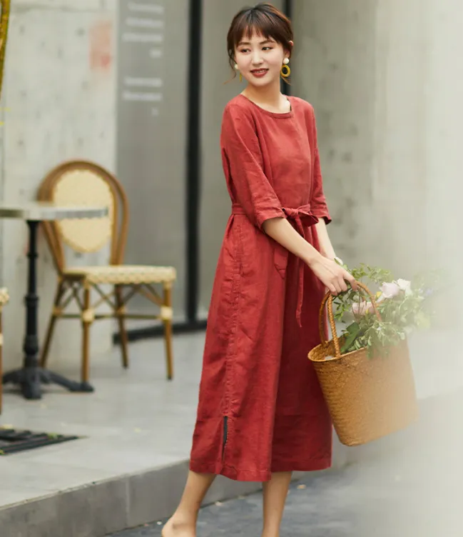Red Women Dresses Short Sleeve Casual Summer Linen Women Dresses SJ97215