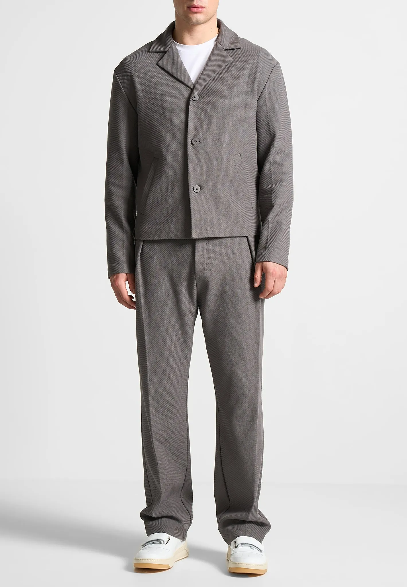 Relaxed Fit Twill Pleated Tailored Trousers - Grey