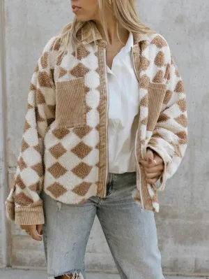 Rhombus Pattern Jacket Corduroy Patch Pockets