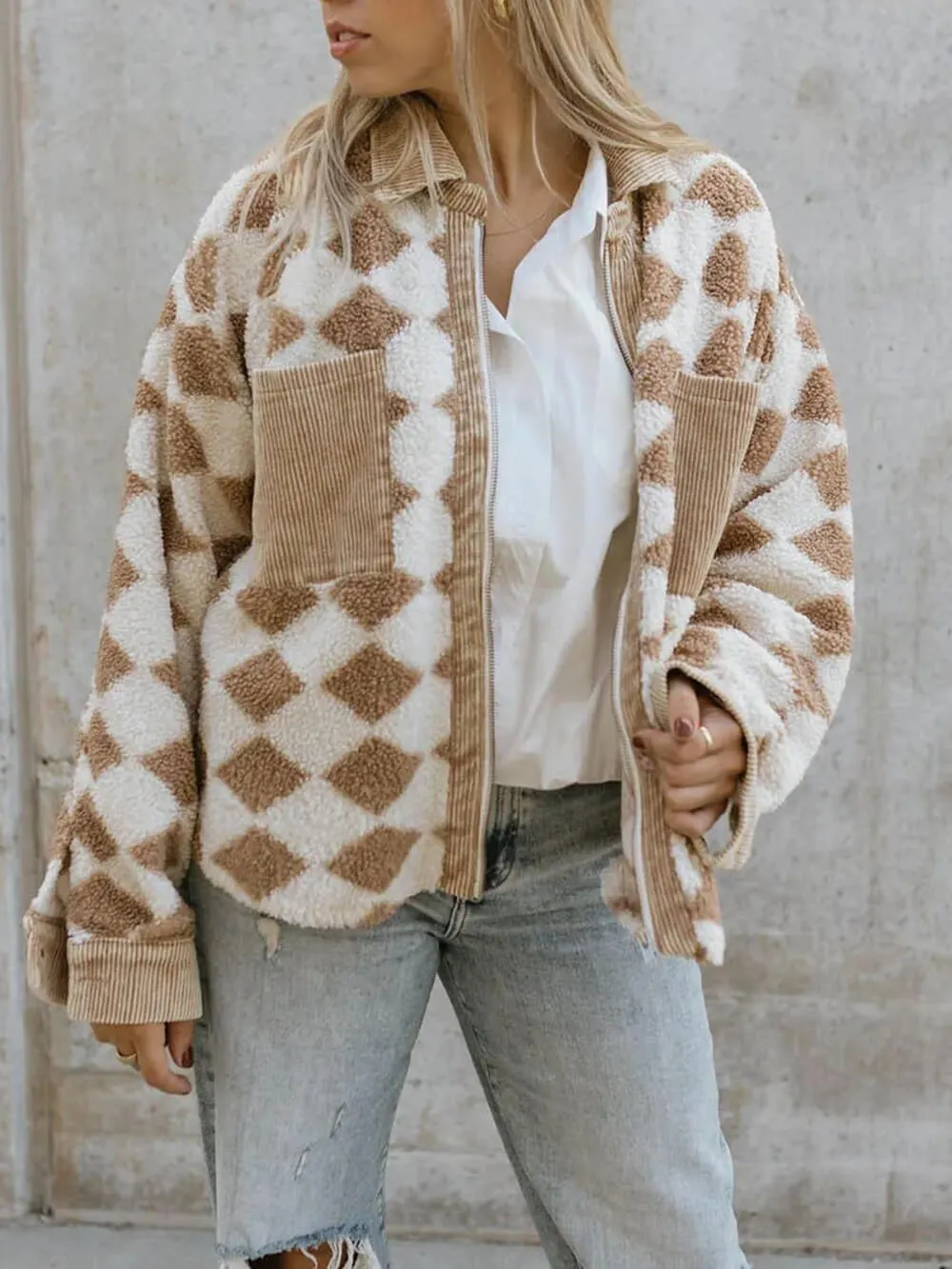 Rhombus Pattern Jacket Corduroy Patch Pockets