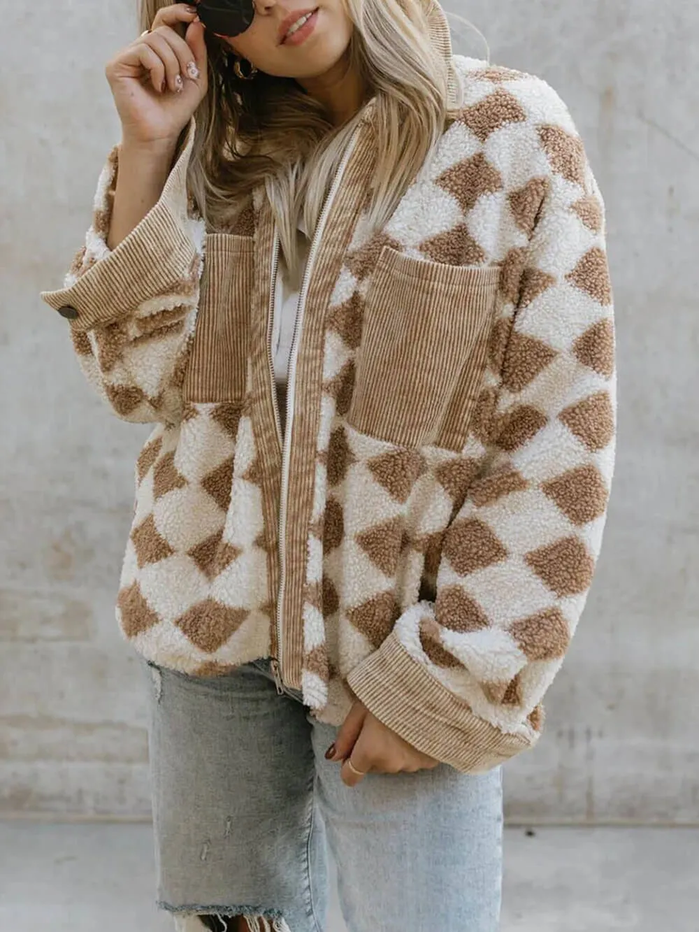 Rhombus Pattern Jacket Corduroy Patch Pockets