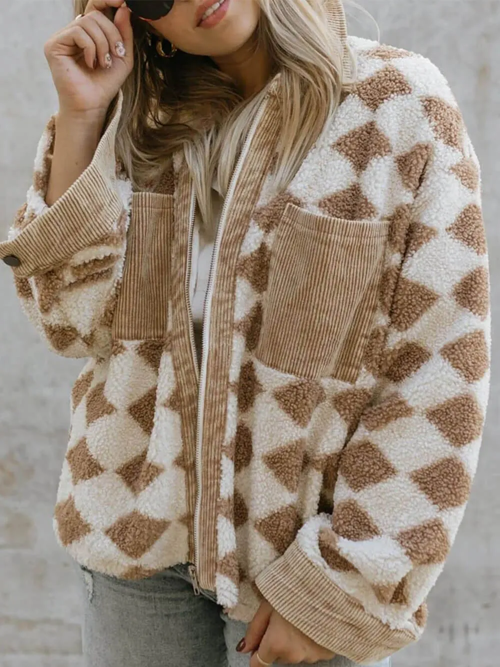 Rhombus Pattern Jacket Corduroy Patch Pockets