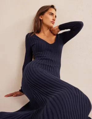 Ribbed Knitted Maxi Dress-Navy
