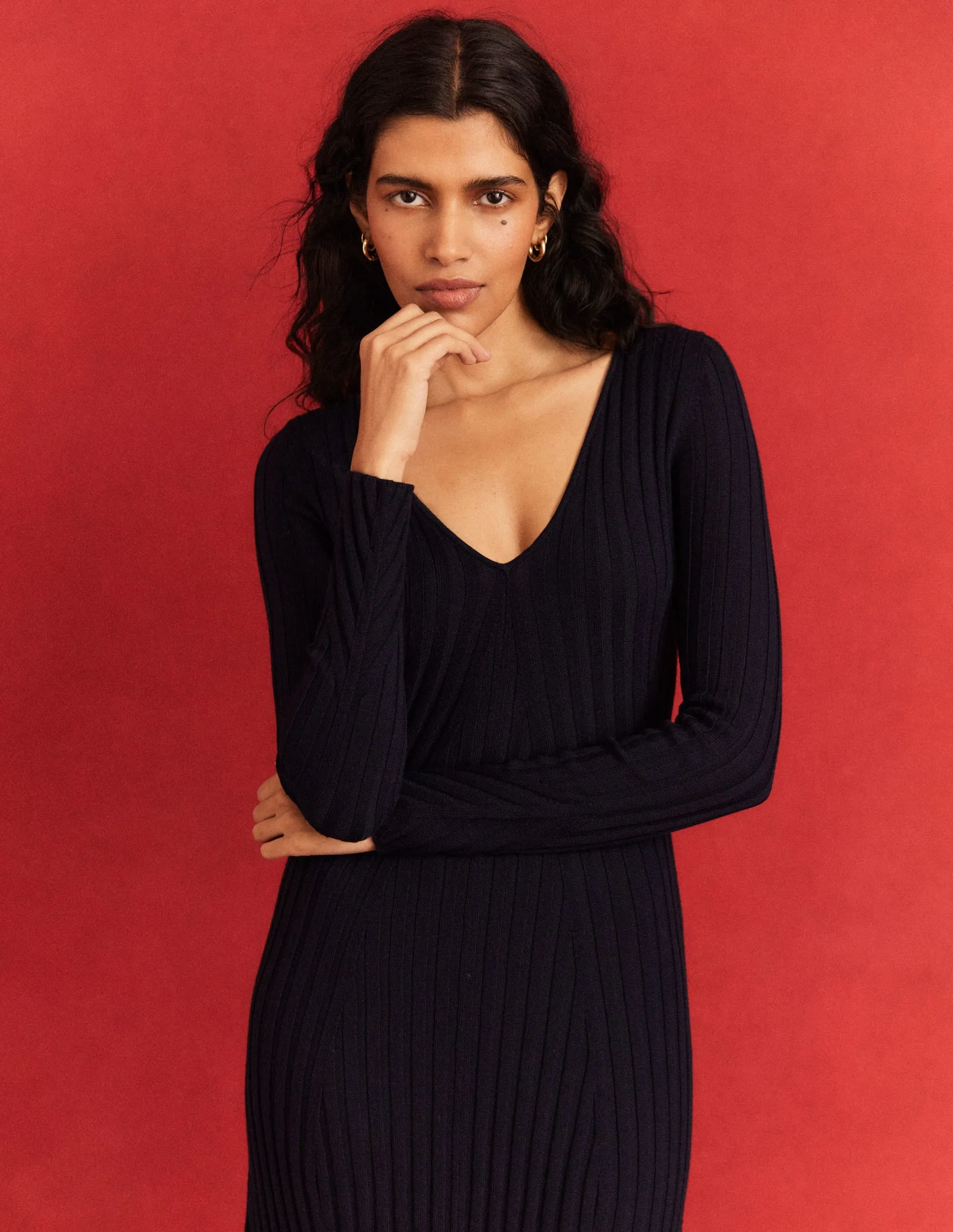 Ribbed Knitted Maxi Dress-Navy