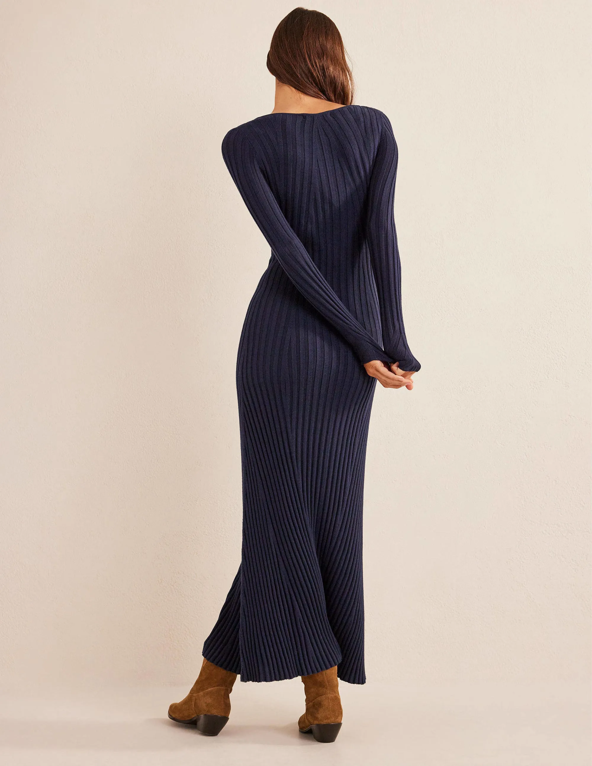 Ribbed Knitted Maxi Dress-Navy
