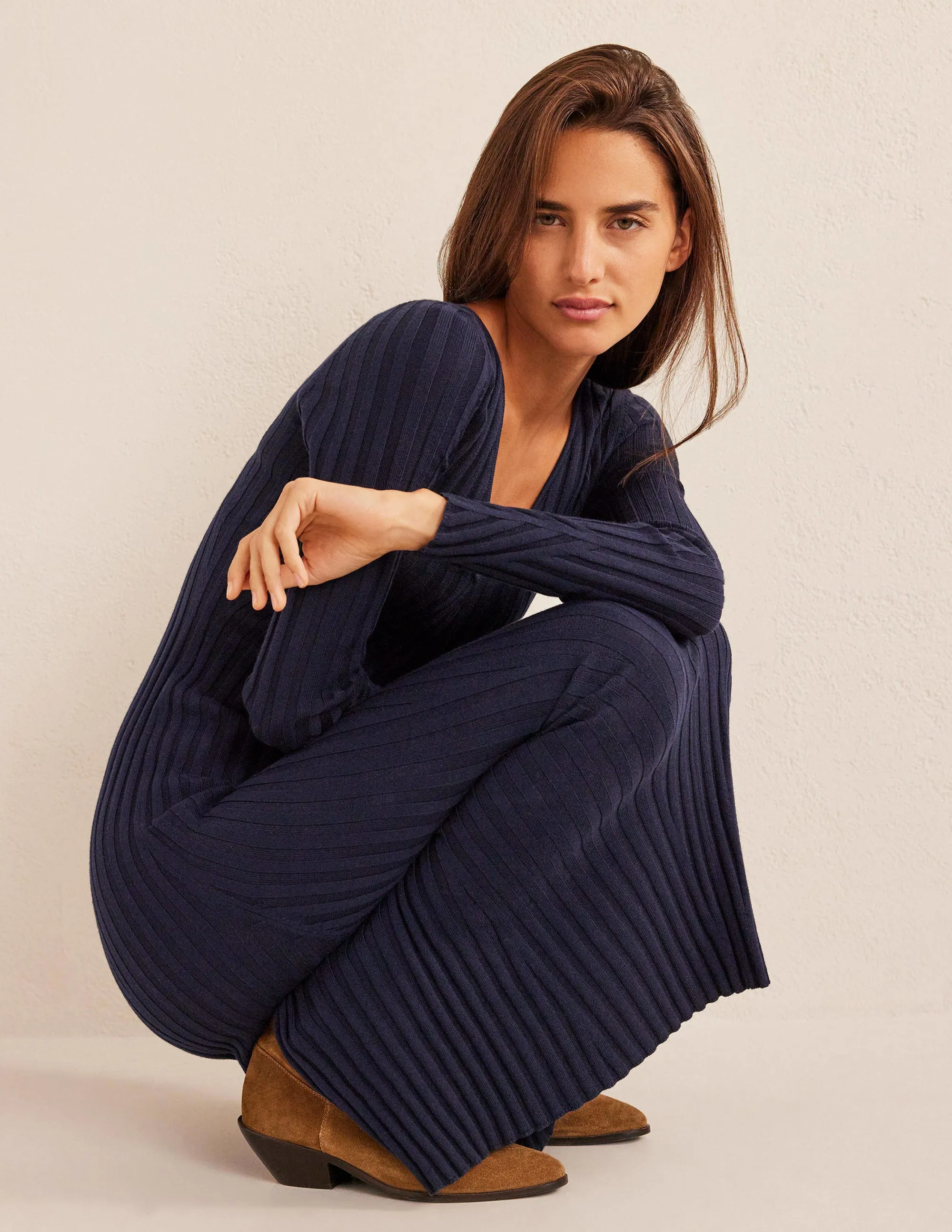 Ribbed Knitted Maxi Dress-Navy