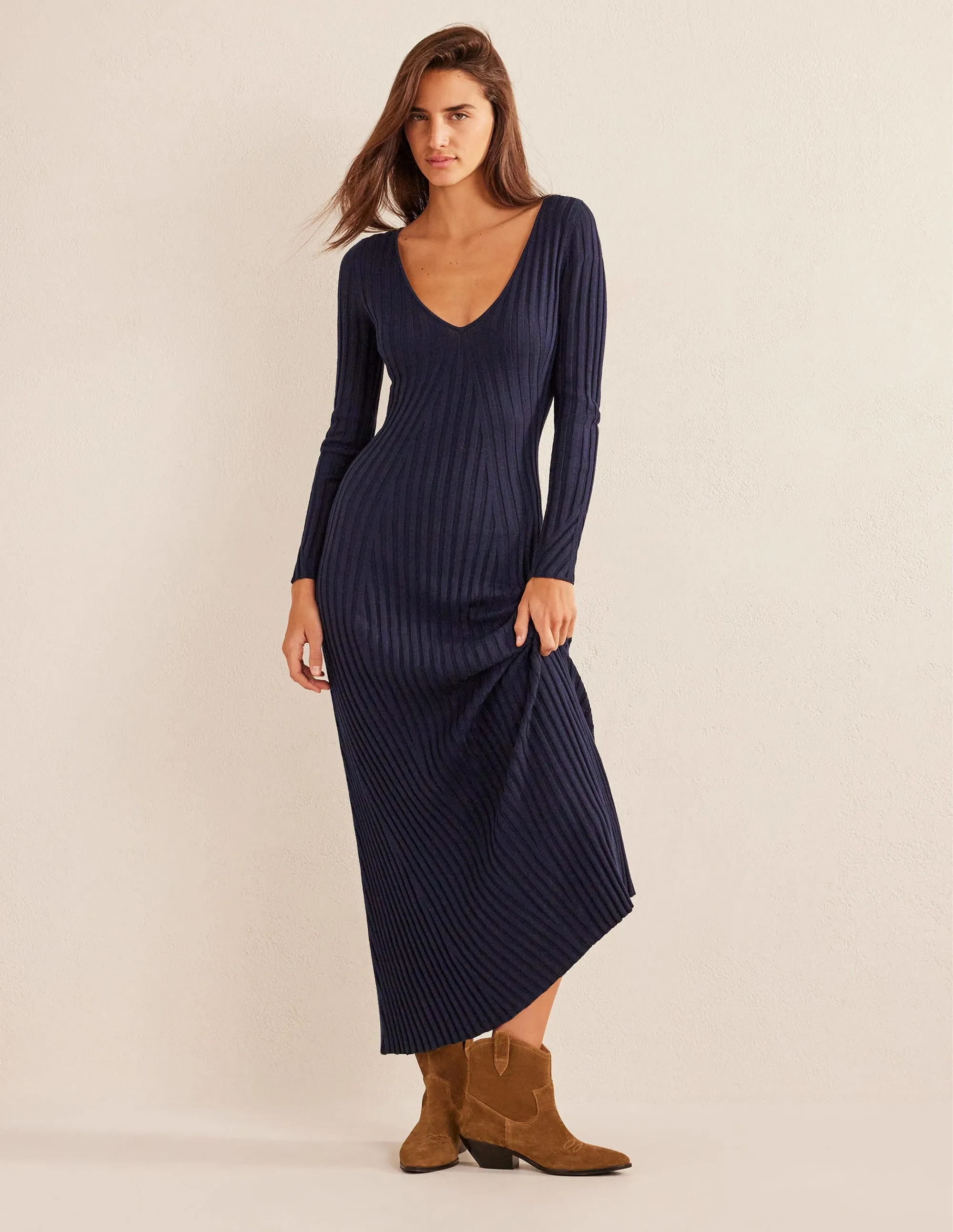 Ribbed Knitted Maxi Dress-Navy