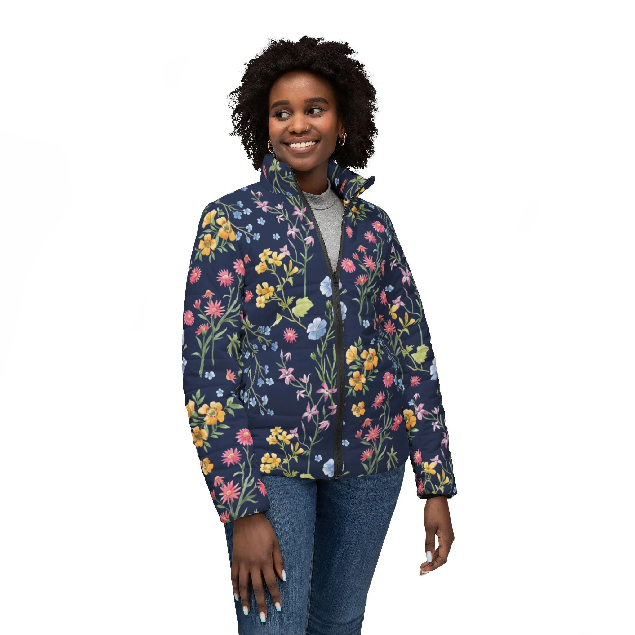 Royal Blue Flowers Puffer Jacket