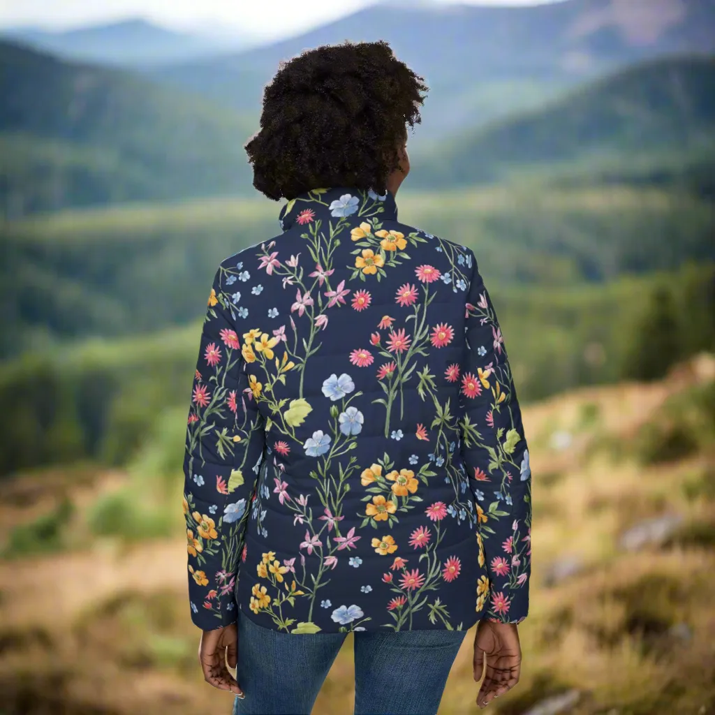 Royal Blue Flowers Puffer Jacket