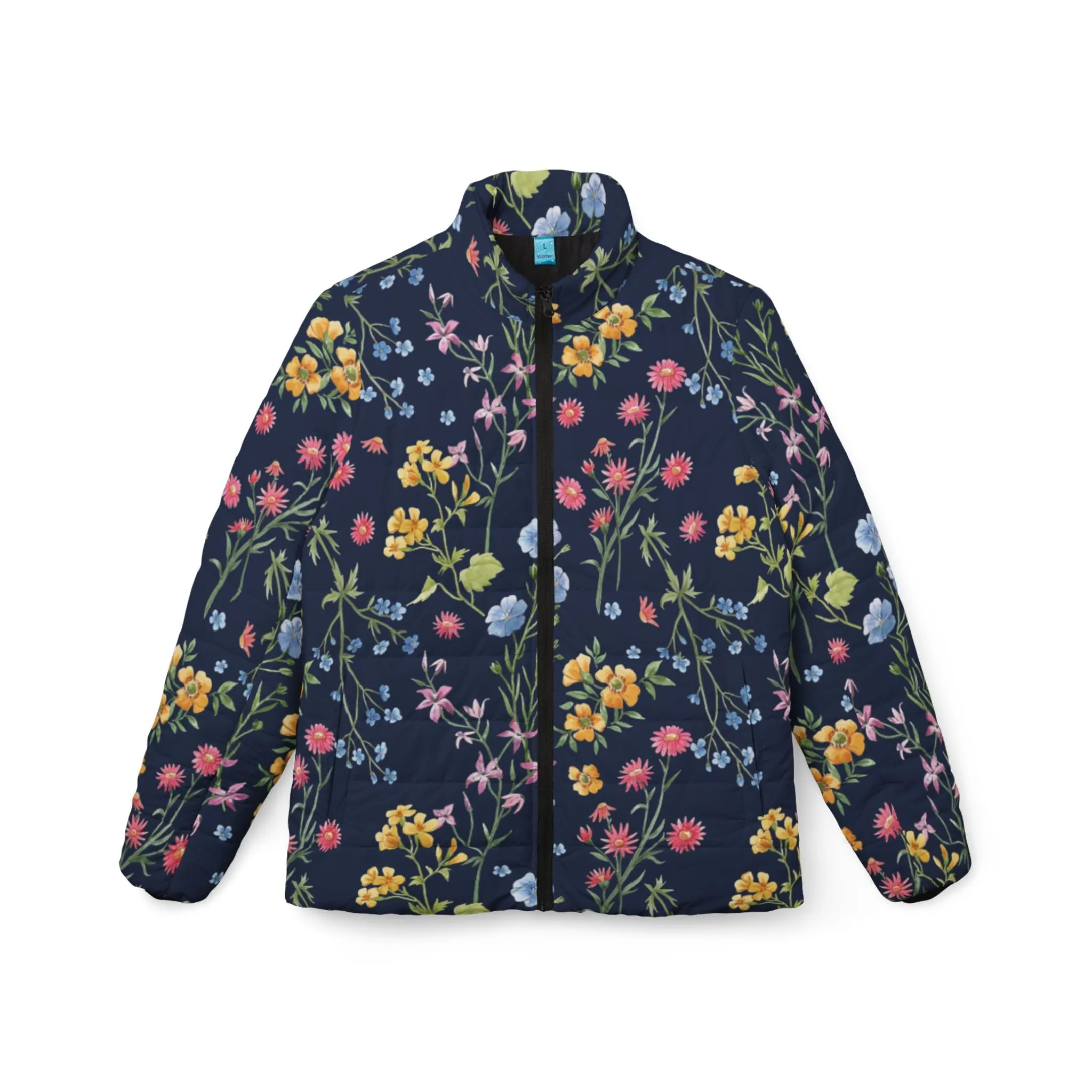 Royal Blue Flowers Puffer Jacket