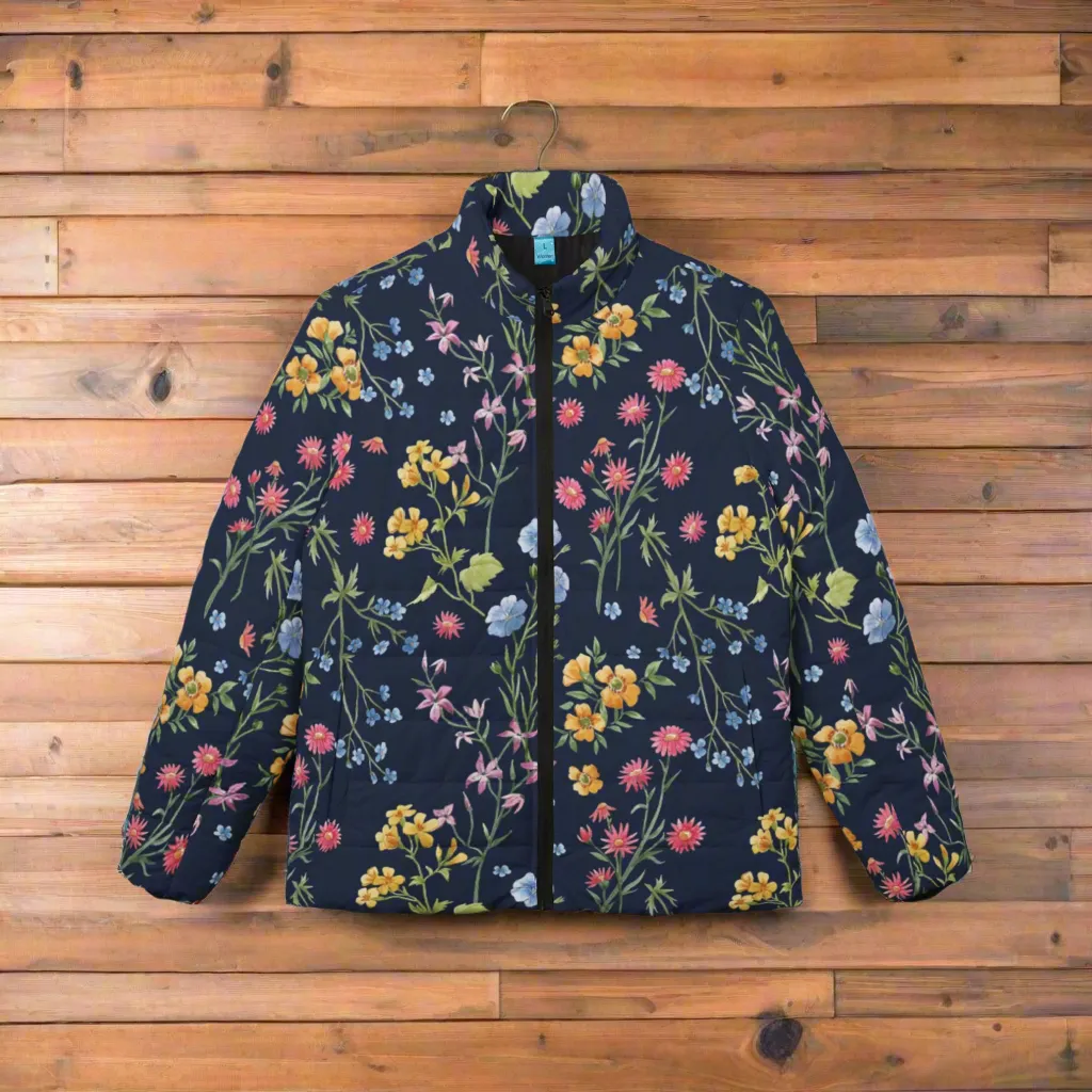 Royal Blue Flowers Puffer Jacket