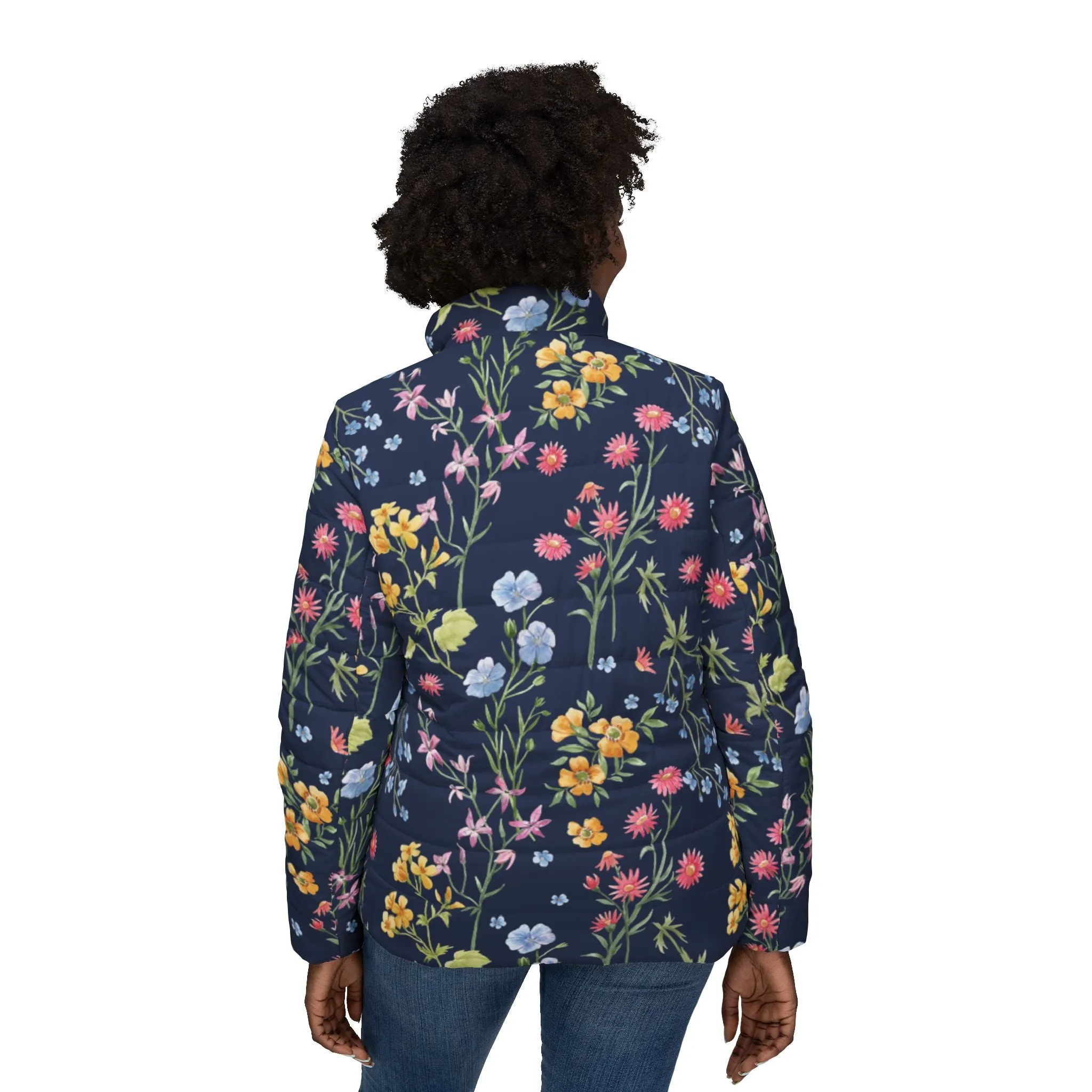 Royal Blue Flowers Puffer Jacket